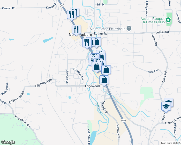 map of restaurants, bars, coffee shops, grocery stores, and more near 1115 Evergreen Place in Auburn