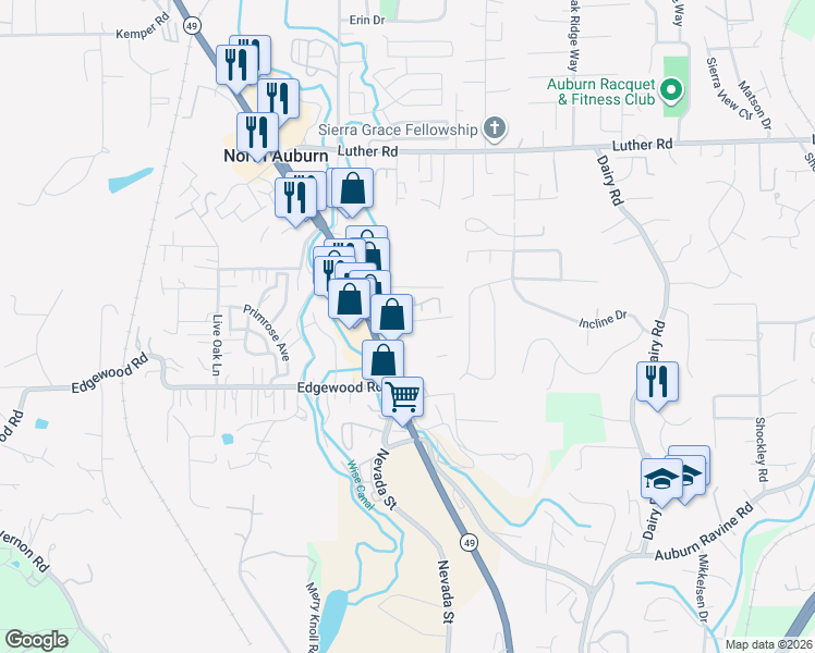 map of restaurants, bars, coffee shops, grocery stores, and more near 12070 Ivy Lane in Auburn