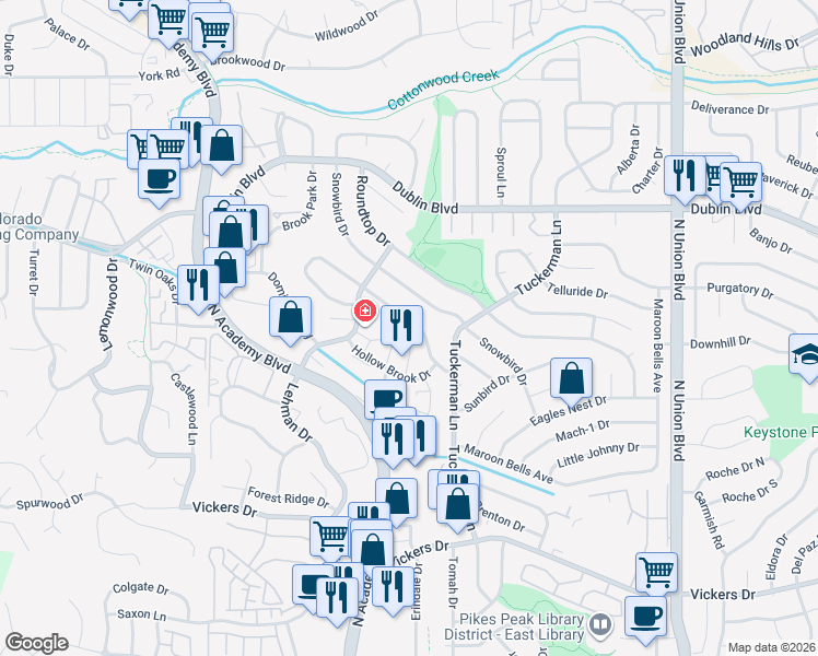 map of restaurants, bars, coffee shops, grocery stores, and more near 2375 Ptarmigan Lane in Colorado Springs