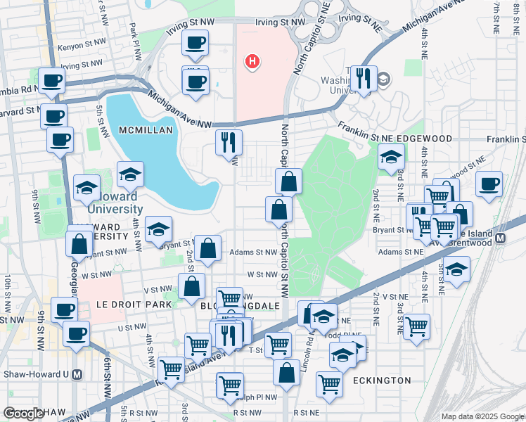 map of restaurants, bars, coffee shops, grocery stores, and more near 101 Independence Avenue Southeast in Washington