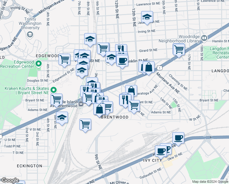 map of restaurants, bars, coffee shops, grocery stores, and more near 1012 Bryant St NE in Washington