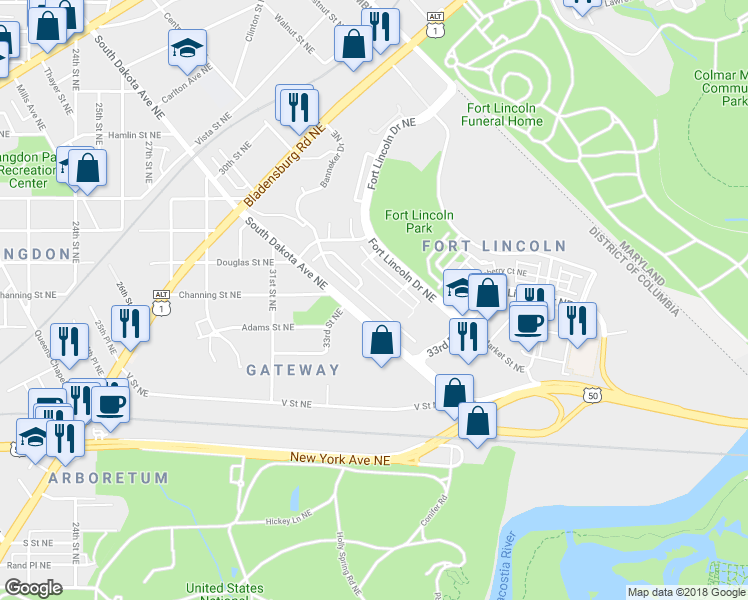 map of restaurants, bars, coffee shops, grocery stores, and more near 3255 Theodore R Hagans Drive Northeast in Washington