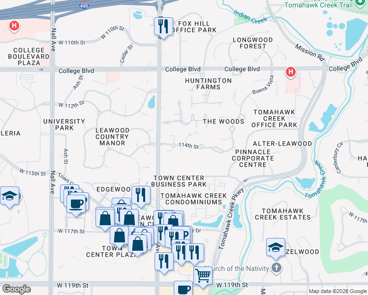 map of restaurants, bars, coffee shops, grocery stores, and more near 11404 Fontana Court in Leawood