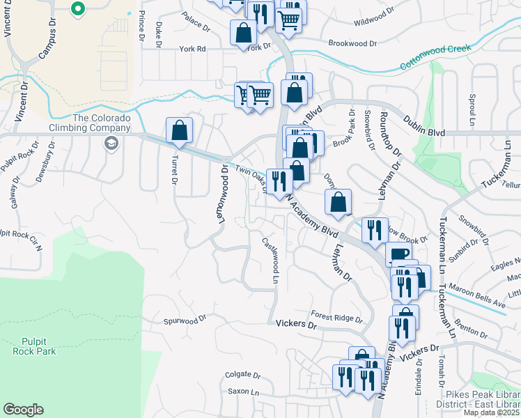 map of restaurants, bars, coffee shops, grocery stores, and more near 6243 Twin Oaks Drive in Colorado Springs