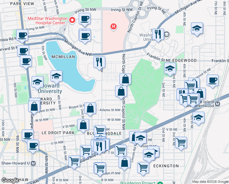 map of restaurants, bars, coffee shops, grocery stores, and more near 101 Independence Avenue Southeast in Washington