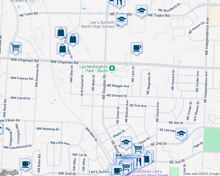 map of restaurants, bars, coffee shops, grocery stores, and more near 111 Northeast Maggie Avenue in Lee's Summit