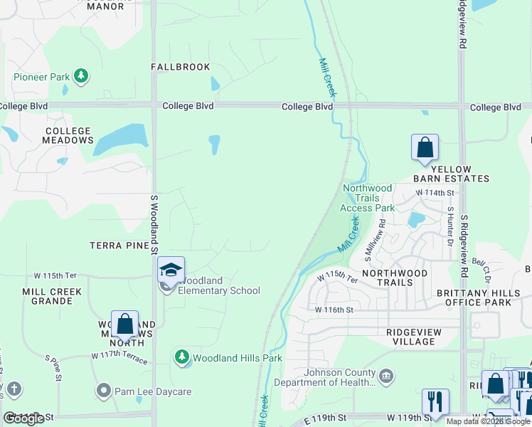 map of restaurants, bars, coffee shops, grocery stores, and more near 19010 West 115th Terrace in Olathe