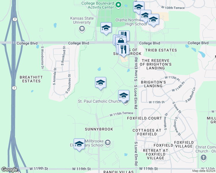 map of restaurants, bars, coffee shops, grocery stores, and more near 11508 South Waterford Drive in Olathe