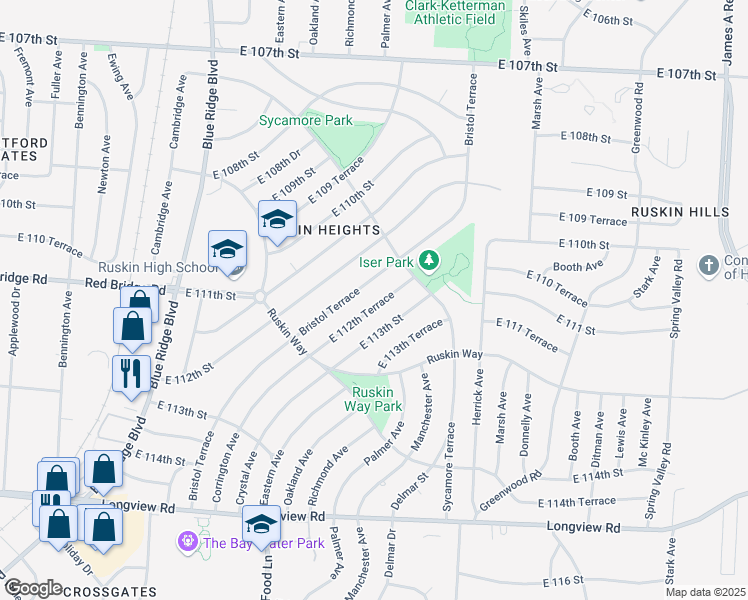 map of restaurants, bars, coffee shops, grocery stores, and more near 7704 East 112th Terrace in Kansas City