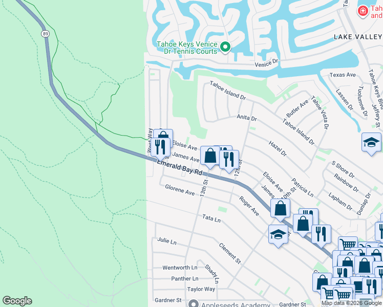 map of restaurants, bars, coffee shops, grocery stores, and more near 609 James Avenue in South Lake Tahoe