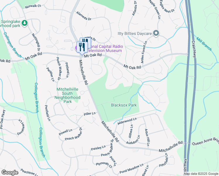 map of restaurants, bars, coffee shops, grocery stores, and more near 15801 Anthony Way in Bowie