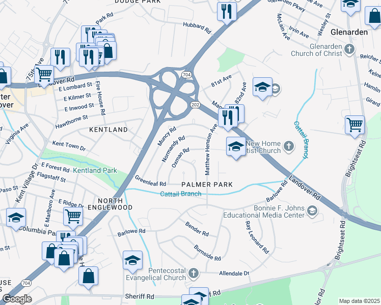 map of restaurants, bars, coffee shops, grocery stores, and more near 7723 Oxman Road in Hyattsville