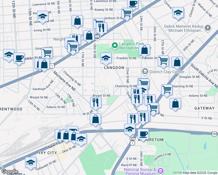 map of restaurants, bars, coffee shops, grocery stores, and more near 101 Independence Avenue Southeast in Washington