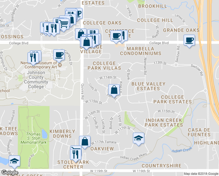 map of restaurants, bars, coffee shops, grocery stores, and more near 11429 Flint Street in Overland Park