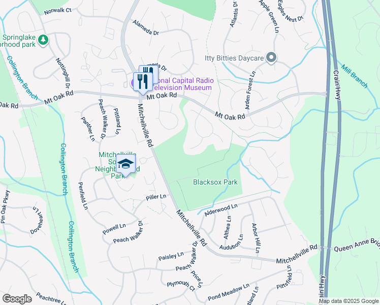 map of restaurants, bars, coffee shops, grocery stores, and more near 15801 Anthony Way in Bowie