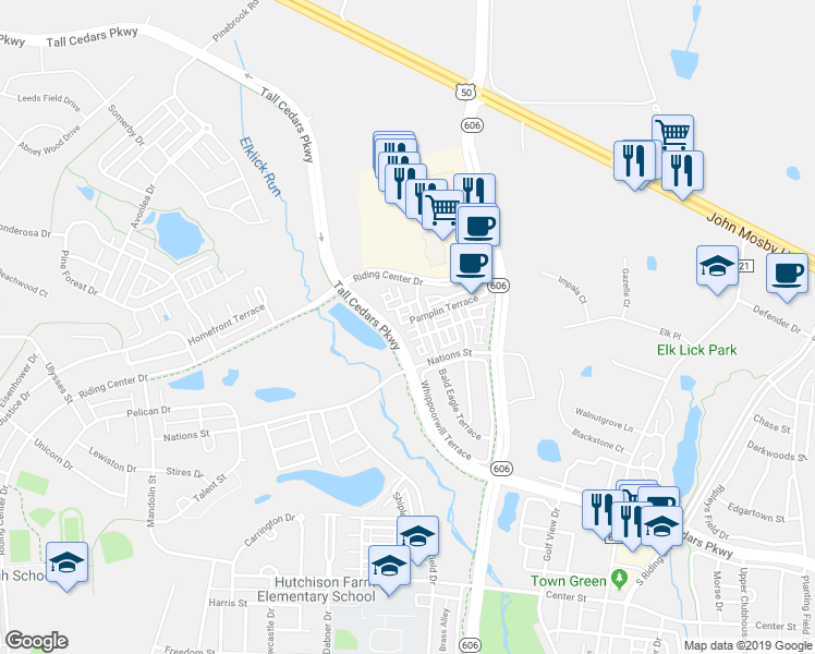 map of restaurants, bars, coffee shops, grocery stores, and more near 42821 Pamplin Terrace in Chantilly