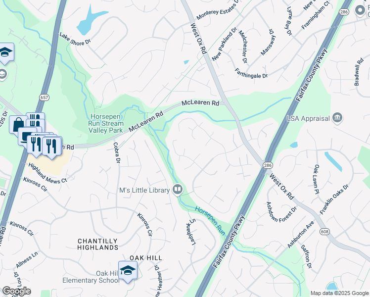 map of restaurants, bars, coffee shops, grocery stores, and more near Hickory Meadows Court in Herndon