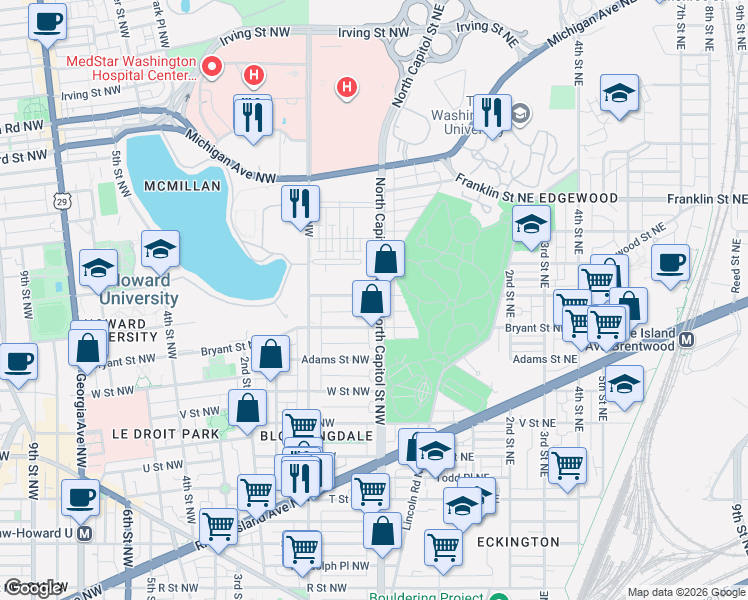 map of restaurants, bars, coffee shops, grocery stores, and more near 101 Independence Avenue Southeast in Washington