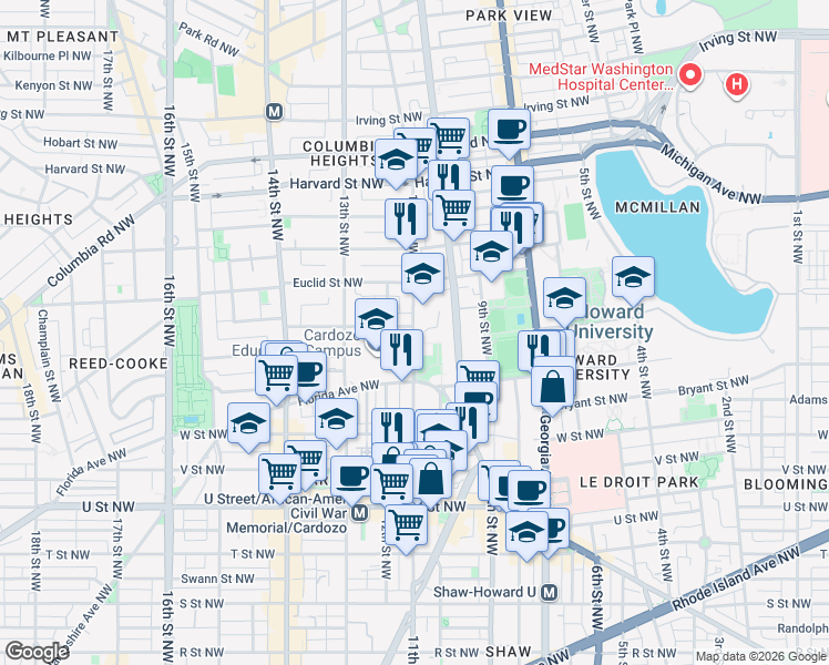 map of restaurants, bars, coffee shops, grocery stores, and more near 2379 11th Street Northwest in Washington