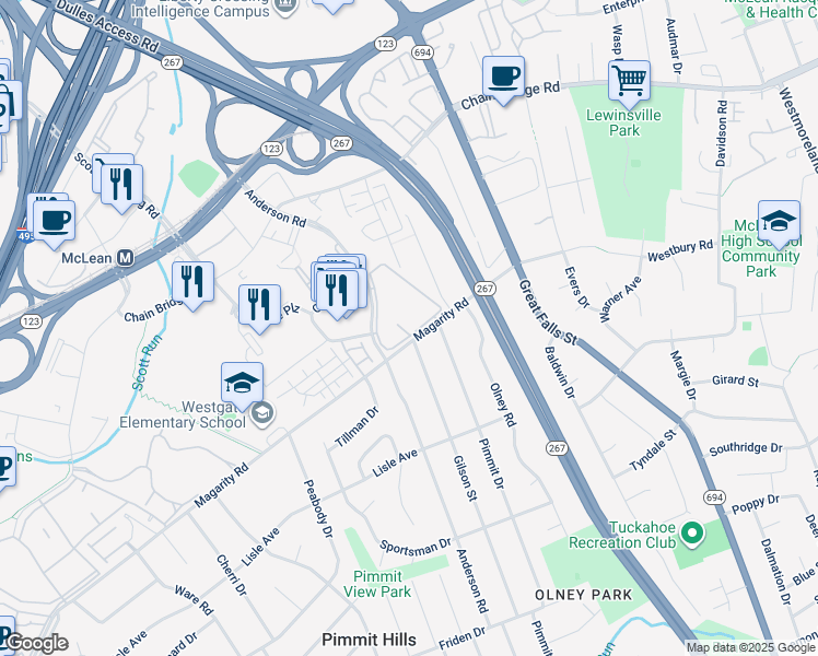 map of restaurants, bars, coffee shops, grocery stores, and more near 1808 Westwind Way in McLean