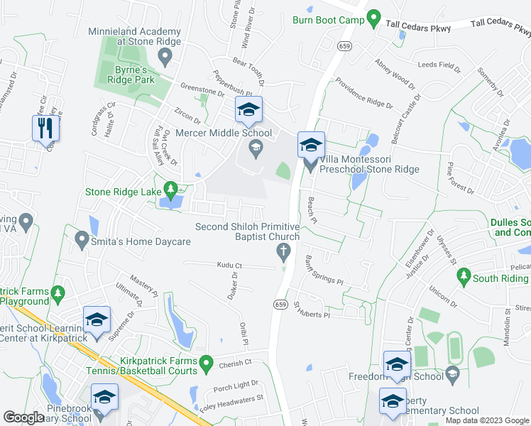 map of restaurants, bars, coffee shops, grocery stores, and more near 25136 Boomerang Terrace in Stone Ridge