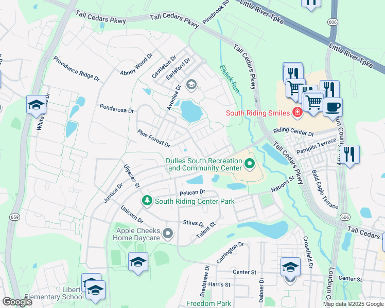 map of restaurants, bars, coffee shops, grocery stores, and more near 25039 Justice Drive in Chantilly