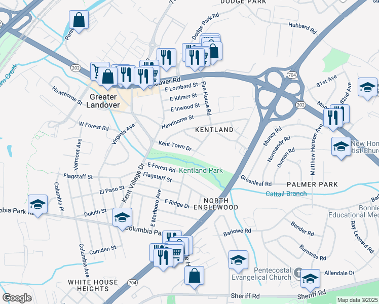 map of restaurants, bars, coffee shops, grocery stores, and more near 7209 Kent Town Drive in Hyattsville