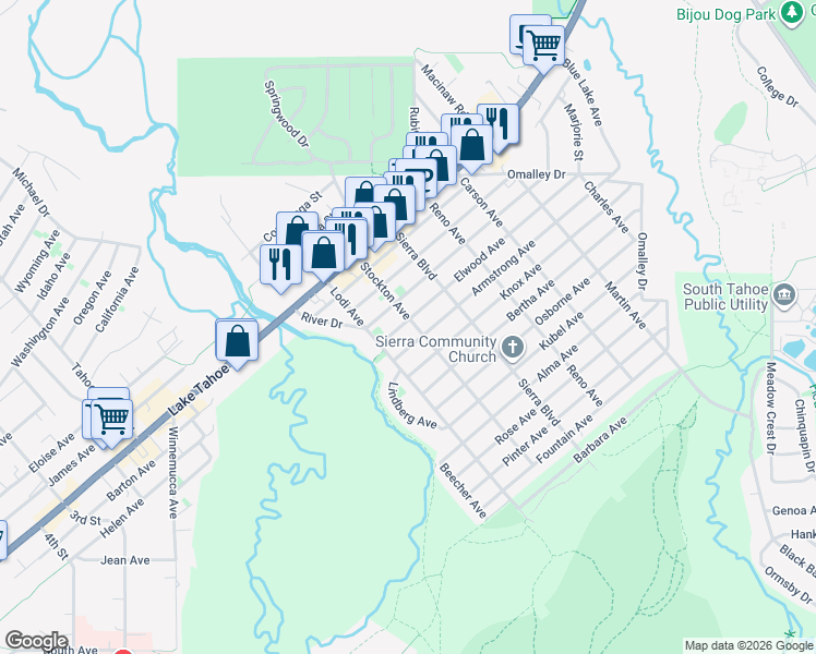 map of restaurants, bars, coffee shops, grocery stores, and more near 1092 Stockton Avenue in South Lake Tahoe