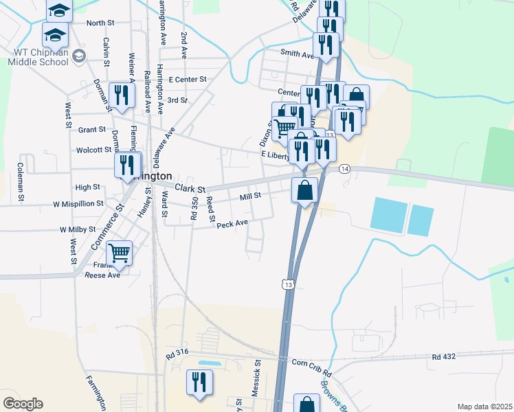 map of restaurants, bars, coffee shops, grocery stores, and more near 7 Dickerson Street in Harrington