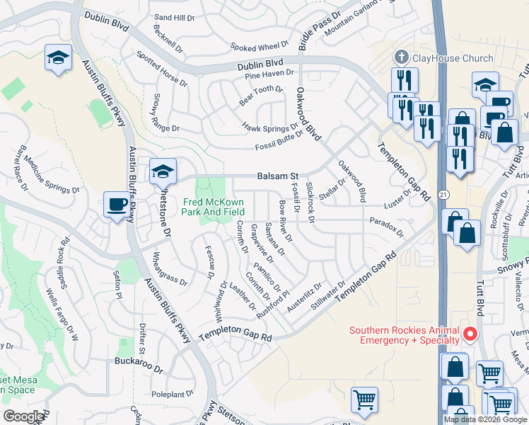 map of restaurants, bars, coffee shops, grocery stores, and more near 6005 Santana Drive in Colorado Springs