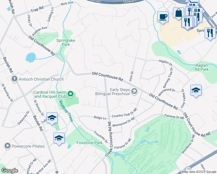 map of restaurants, bars, coffee shops, grocery stores, and more near 1733 Creek Crossing Road in Vienna