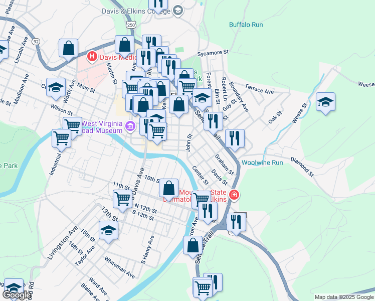 map of restaurants, bars, coffee shops, grocery stores, and more near 1 River Street in Elkins
