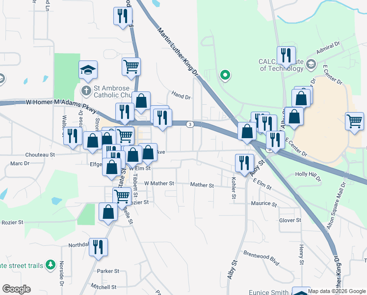 map of restaurants, bars, coffee shops, grocery stores, and more near 203 West Delmar Avenue in Alton