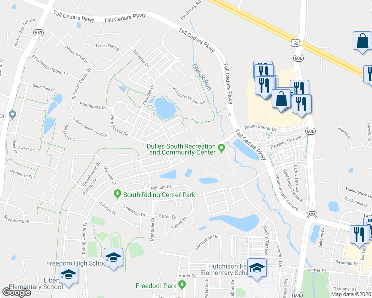 map of restaurants, bars, coffee shops, grocery stores, and more near 42635 Homefront Terrace in Chantilly