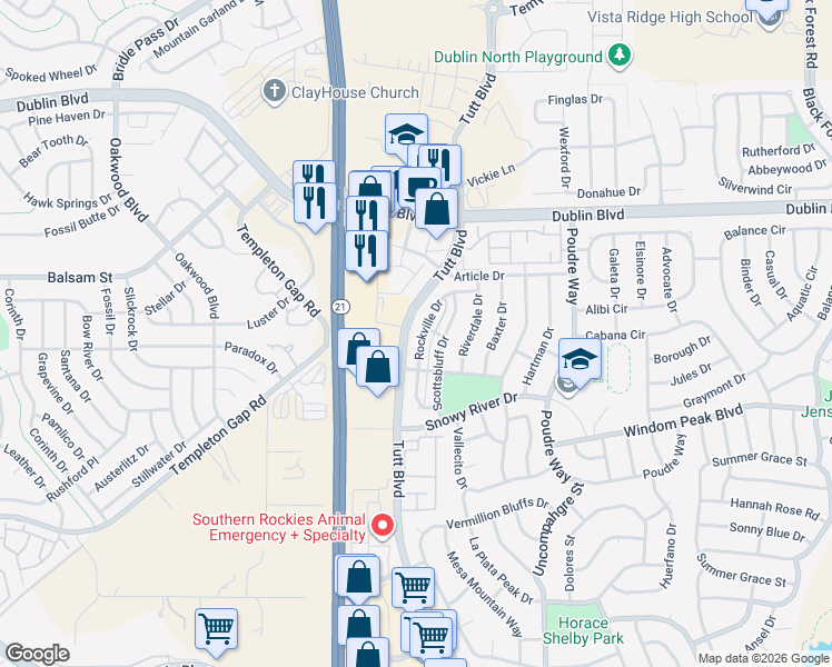 map of restaurants, bars, coffee shops, grocery stores, and more near 6347 Rockville Drive in Colorado Springs