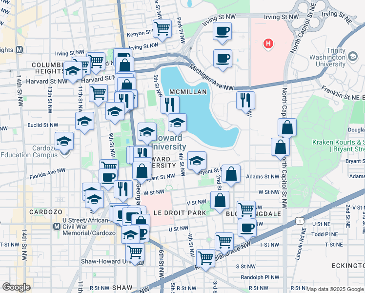 map of restaurants, bars, coffee shops, grocery stores, and more near 2455 4th Street Northwest in Washington