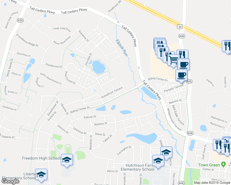 map of restaurants, bars, coffee shops, grocery stores, and more near 42649 Homefront Terrace in Chantilly