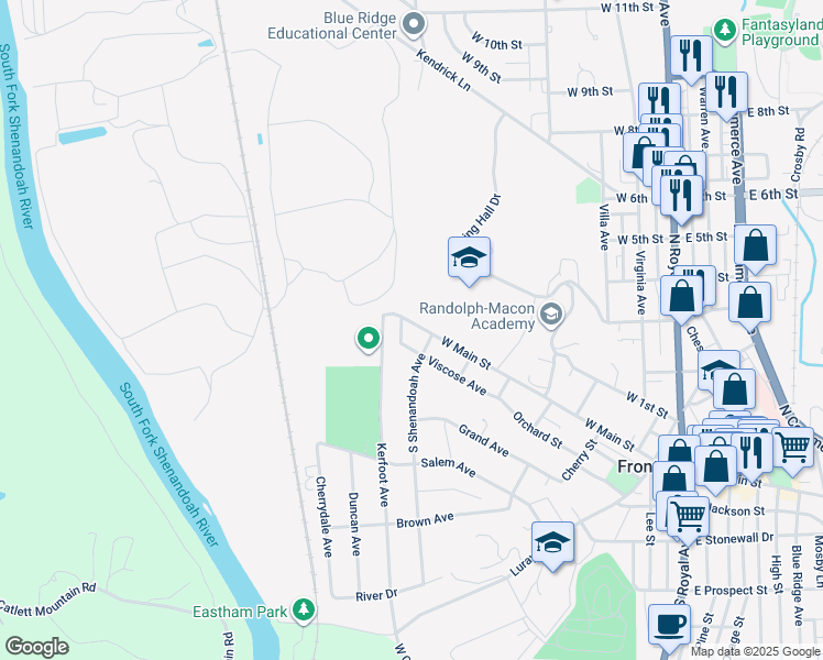 map of restaurants, bars, coffee shops, grocery stores, and more near 612 West Main Street in Front Royal