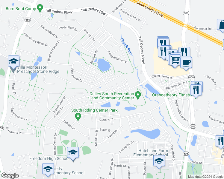 map of restaurants, bars, coffee shops, grocery stores, and more near 42604 Pine Forest Drive in Chantilly