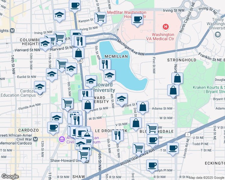 map of restaurants, bars, coffee shops, grocery stores, and more near 101 Independence Avenue Southeast in Washington