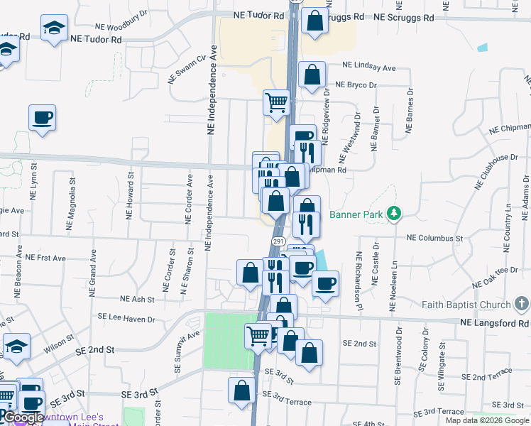 map of restaurants, bars, coffee shops, grocery stores, and more near 610 Northeast 291 Highway in Lee's Summit
