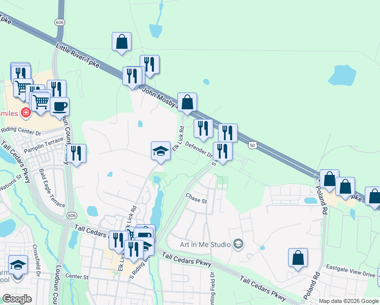 map of restaurants, bars, coffee shops, grocery stores, and more near 43300 Mossimo Square in Chantilly