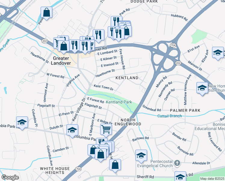 map of restaurants, bars, coffee shops, grocery stores, and more near 7209 Kent Town Drive in Hyattsville
