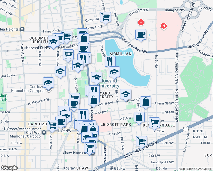 map of restaurants, bars, coffee shops, grocery stores, and more near 500 Howard Place Northwest in Washington