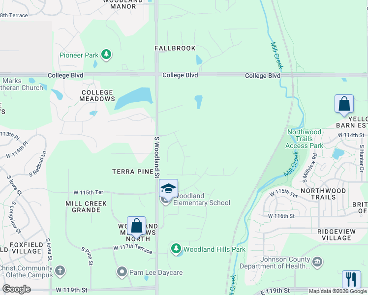 map of restaurants, bars, coffee shops, grocery stores, and more near 11415 South Woodland Street in Olathe
