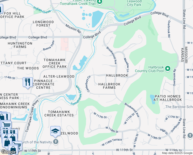 map of restaurants, bars, coffee shops, grocery stores, and more near 11435 Manor Road in Leawood