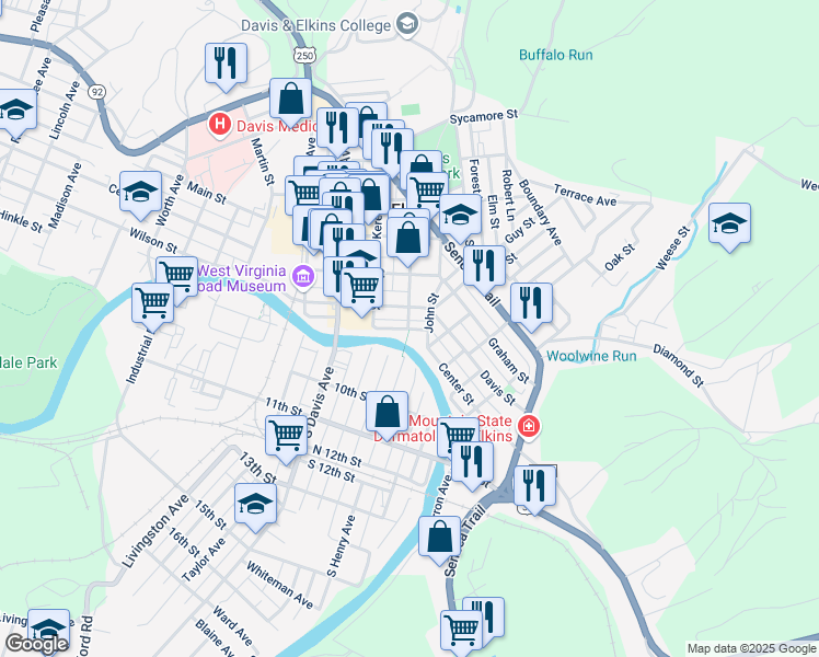 map of restaurants, bars, coffee shops, grocery stores, and more near 1 River Street in Elkins