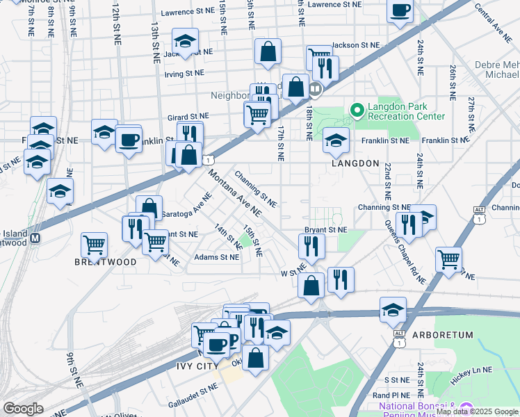 map of restaurants, bars, coffee shops, grocery stores, and more near 1520 Montana Avenue Northeast in Washington