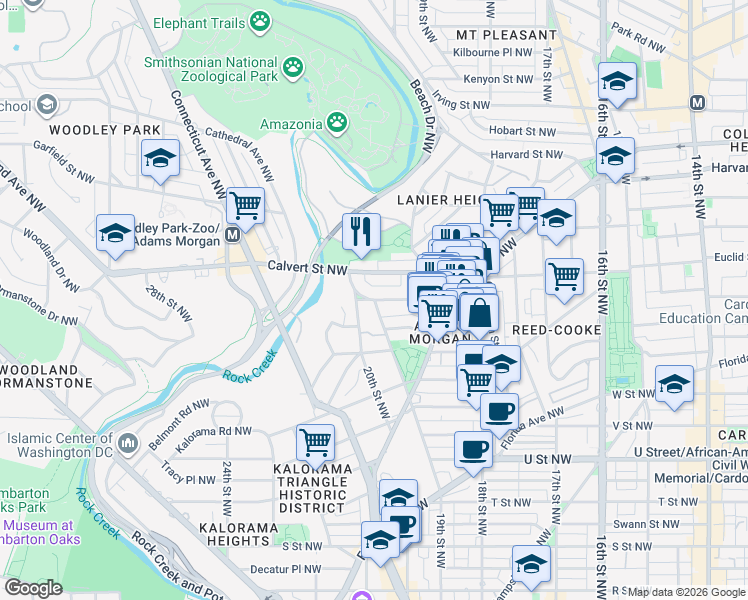 map of restaurants, bars, coffee shops, grocery stores, and more near 19th St NW & Biltmore St NW in Washington