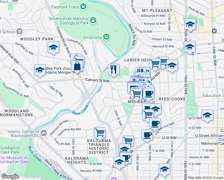 map of restaurants, bars, coffee shops, grocery stores, and more near 20th St NW & Biltmore St NW in Washington